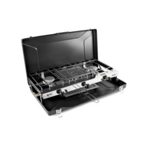 Two-burner cooking stove and grill for camping and outdoor trips